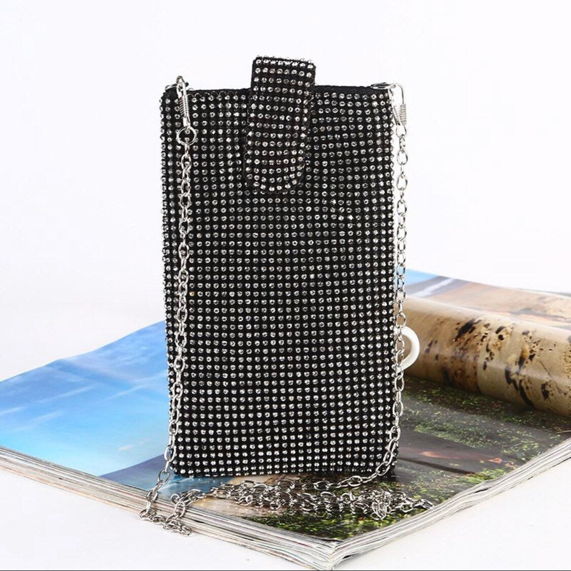 Rhinestone Diamanté Pouch, Phone Pouch, Accessory, Black, Silver, Gold
