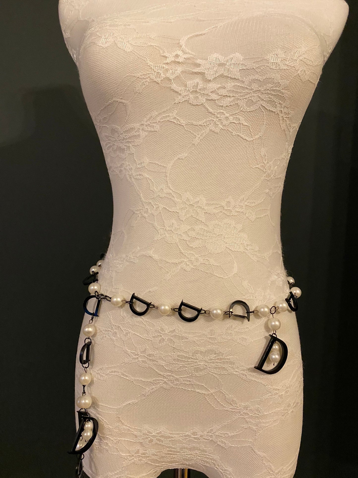 X-long Belt, D Belt, Pearls, Black, Cream Pearl Belt, UK 2-32