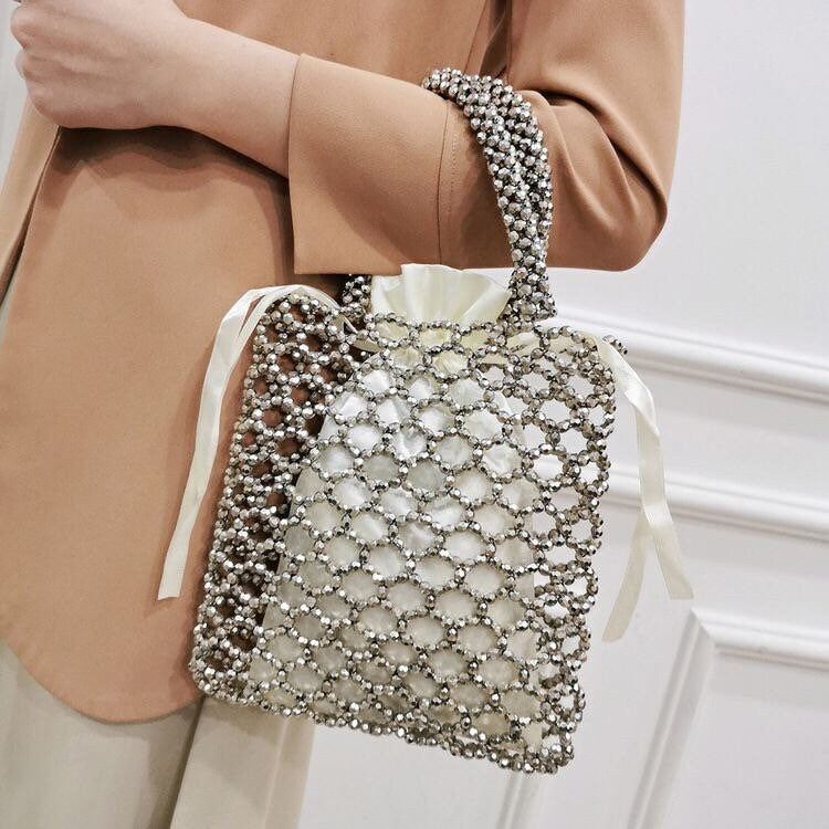 Handbag, Hand Beaded Bag, Silver Beads, Fan Accessory Collection, Gold, Silver