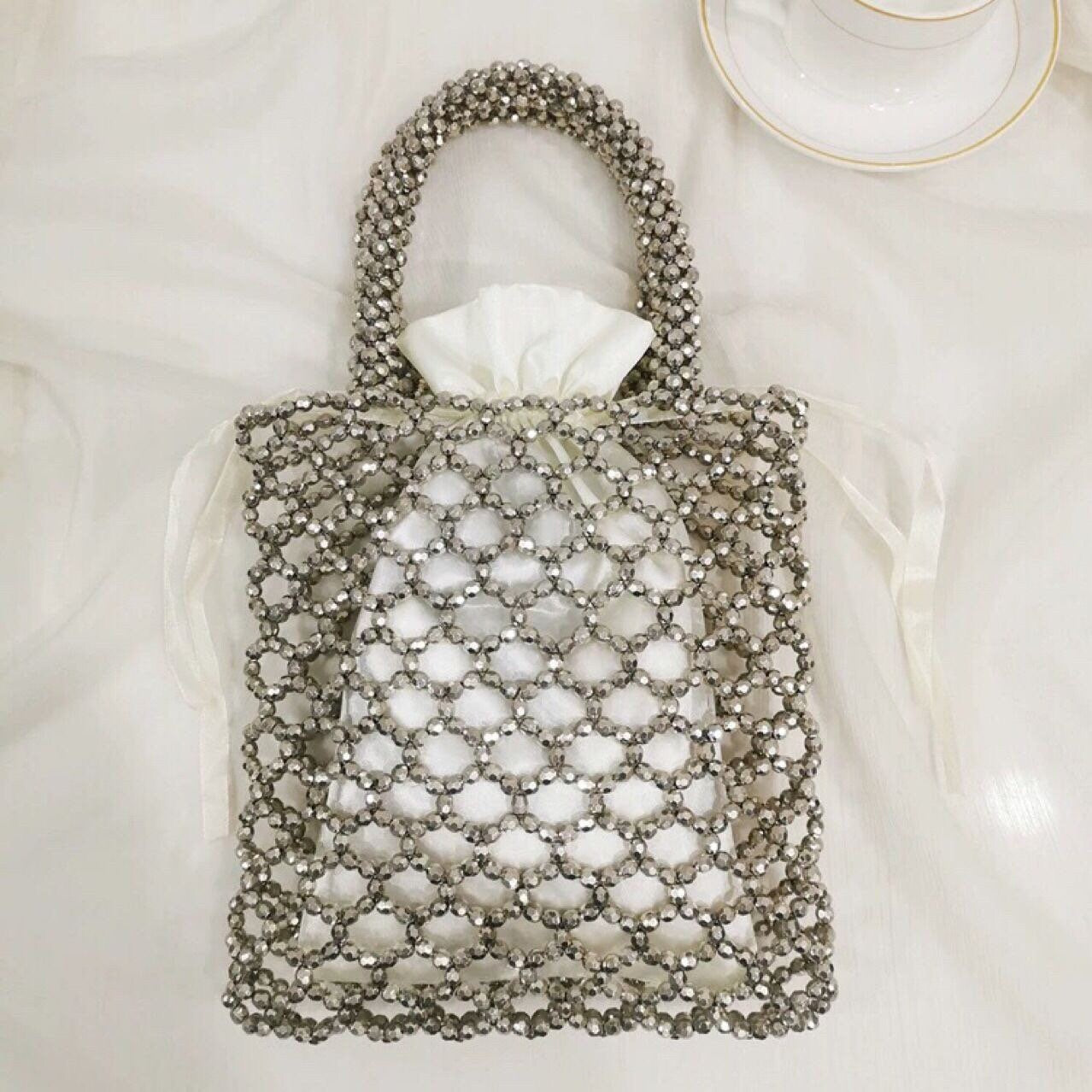 Handbag, Hand Beaded Bag, Silver Beads, Fan Accessory Collection, Gold, Silver