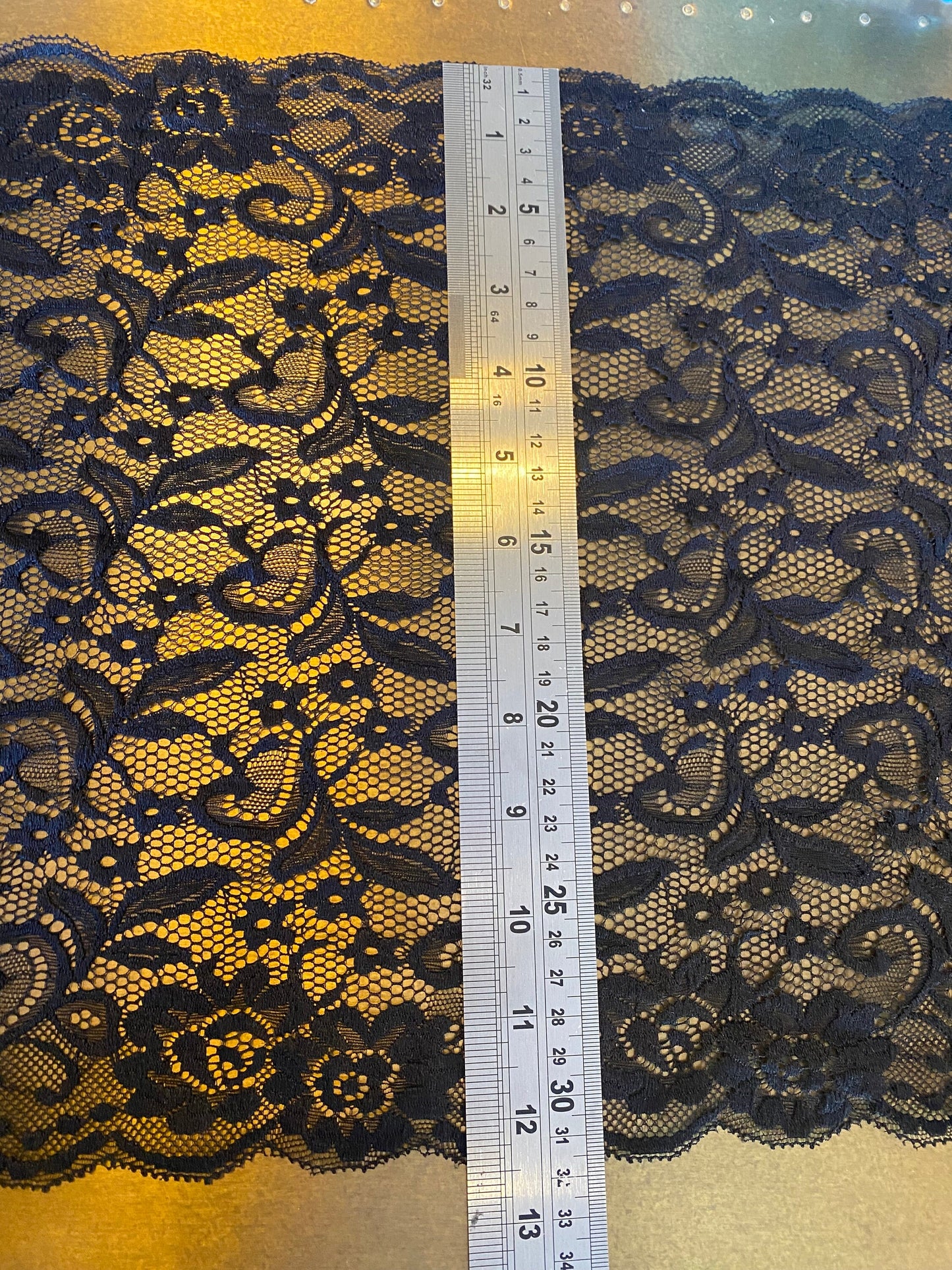 Floral Stretch Lace Trim, Black Scalloped Edge, 12.5" Wide