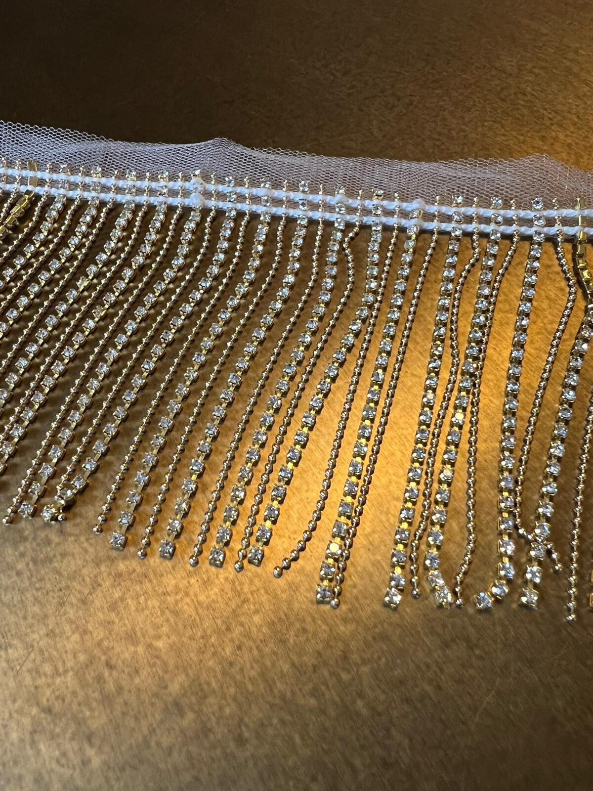 9cm Wide, Diamanté Fringe Trim, Rhinestone Fringe Silver Crystals, Fashion Fringe, Diamanté & Ball Trim, Rhinestones, Fringe, Gold, Silver