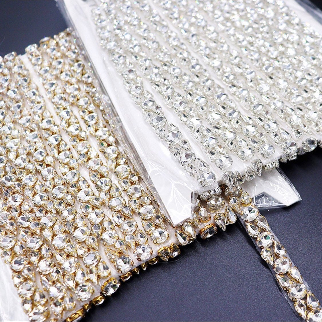 Loose Rhinestone Diamante Chain, Trim, Wedding, Dresses, Belt Bridal Bead Appliqués, Silver, Gold, Rose Gold, Heat Seal