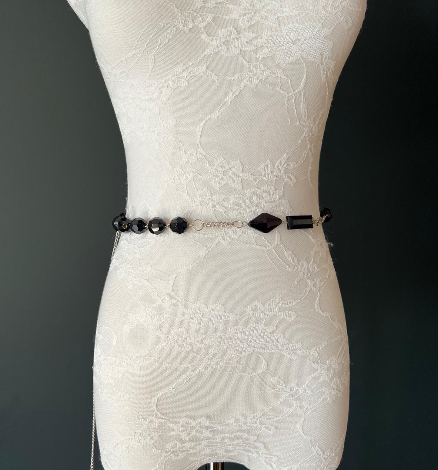 X-Long Chain Belt, Belt, Beaded Belt, Black, Silver Belt, Fashionable Belt