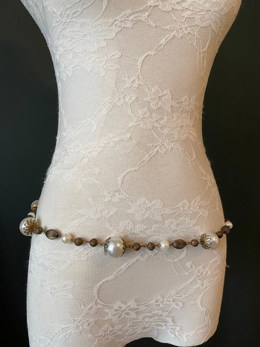 X-long Belt, Pearl Vintage Style Belt, Chic Antique Brass Belt, Teen Sizes, Plus Sizes, 18”-60”, Gift, Prom, Fashion, Handmade, FAN Design