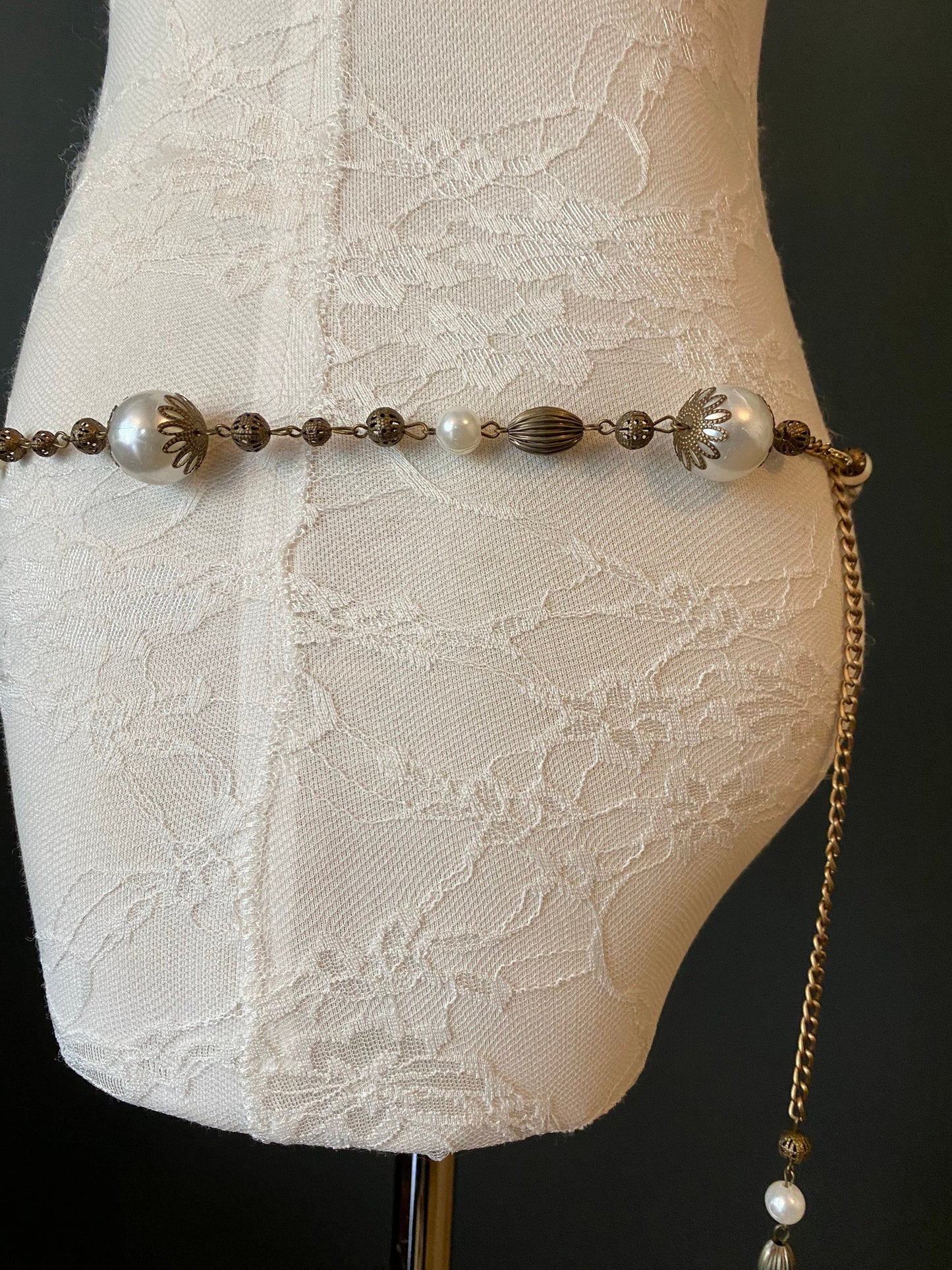 X-long Belt, Pearl Vintage Style Belt, Chic Antique Brass Belt, Teen Sizes, Plus Sizes, 18”-60”, Gift, Prom, Fashion, Handmade, FAN Design