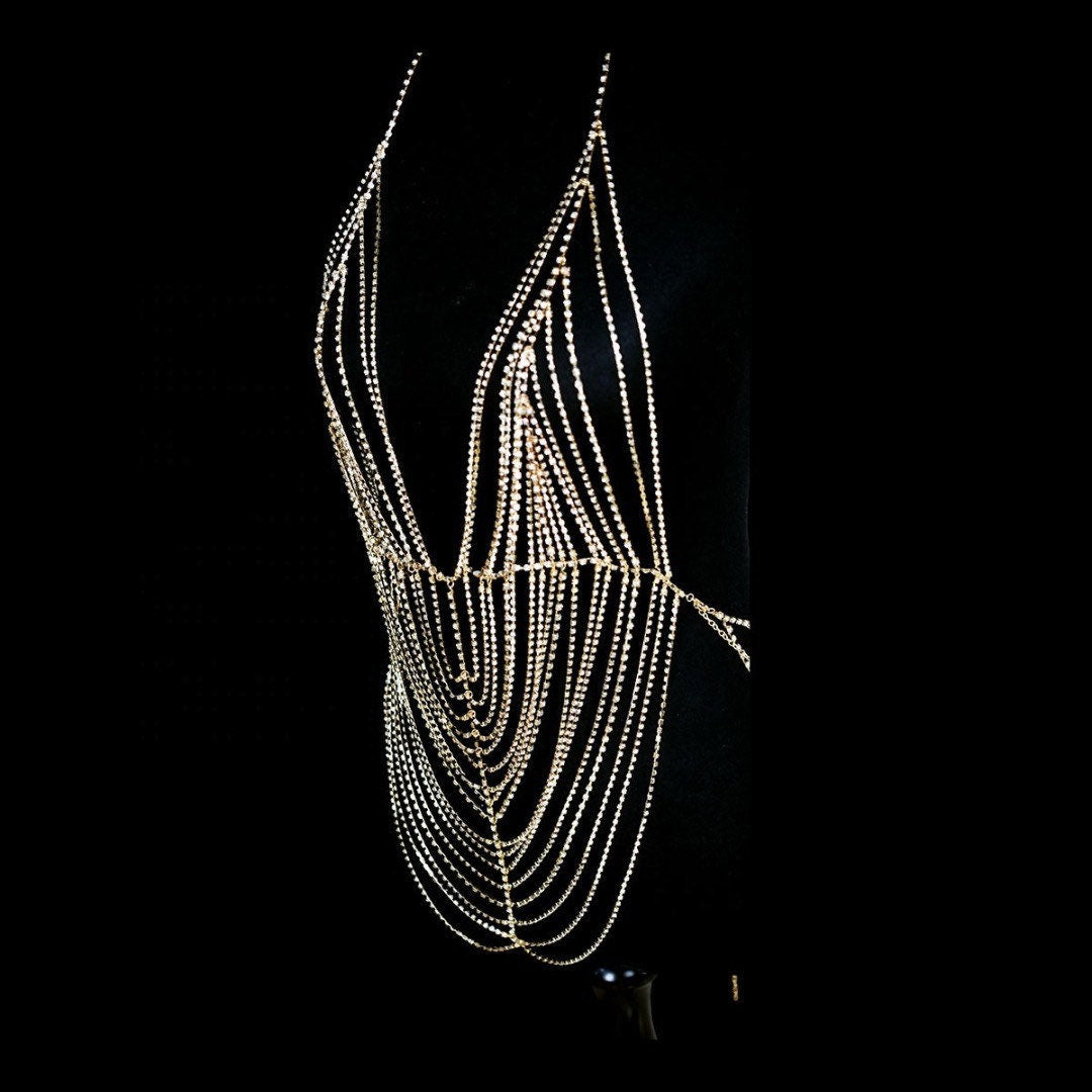 Crystal Outfit, Body Chain, Diamanté Rhinestone Top, Club Wear, Bling, Handmade, FAN Fashion, Haute Couture, Show Stopper