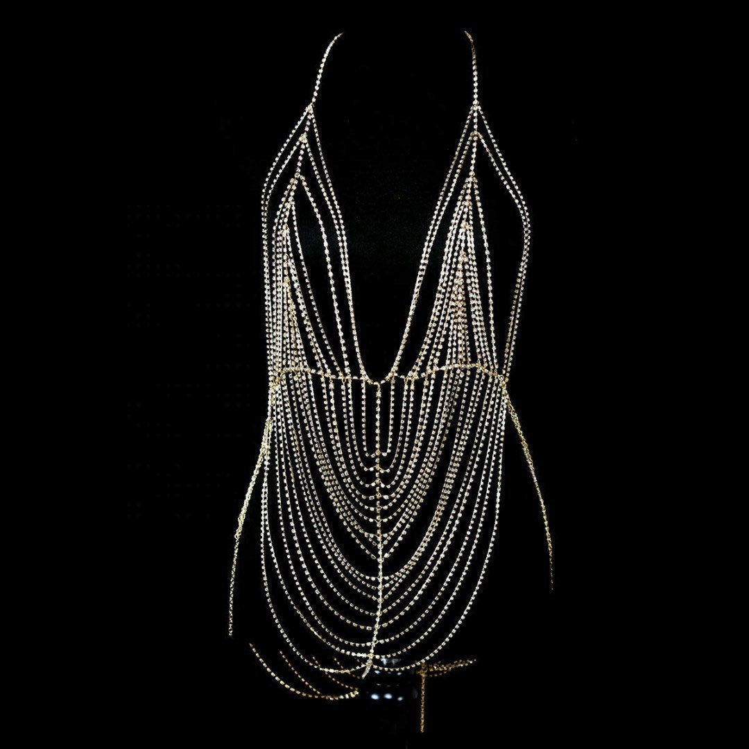 Crystal Outfit, Body Chain, Diamanté Rhinestone Top, Club Wear, Bling, Handmade, FAN Fashion, Haute Couture, Show Stopper