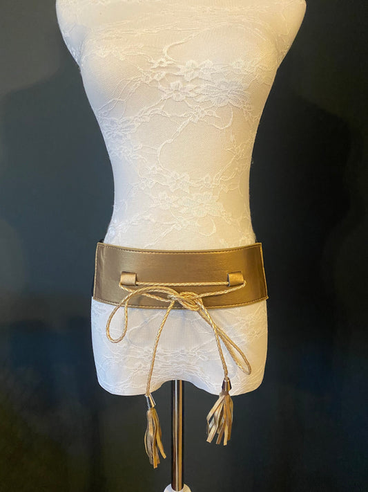Fashion belt, champange gold faux leather, Elastic Belt, hook eye fastening, tassel detail