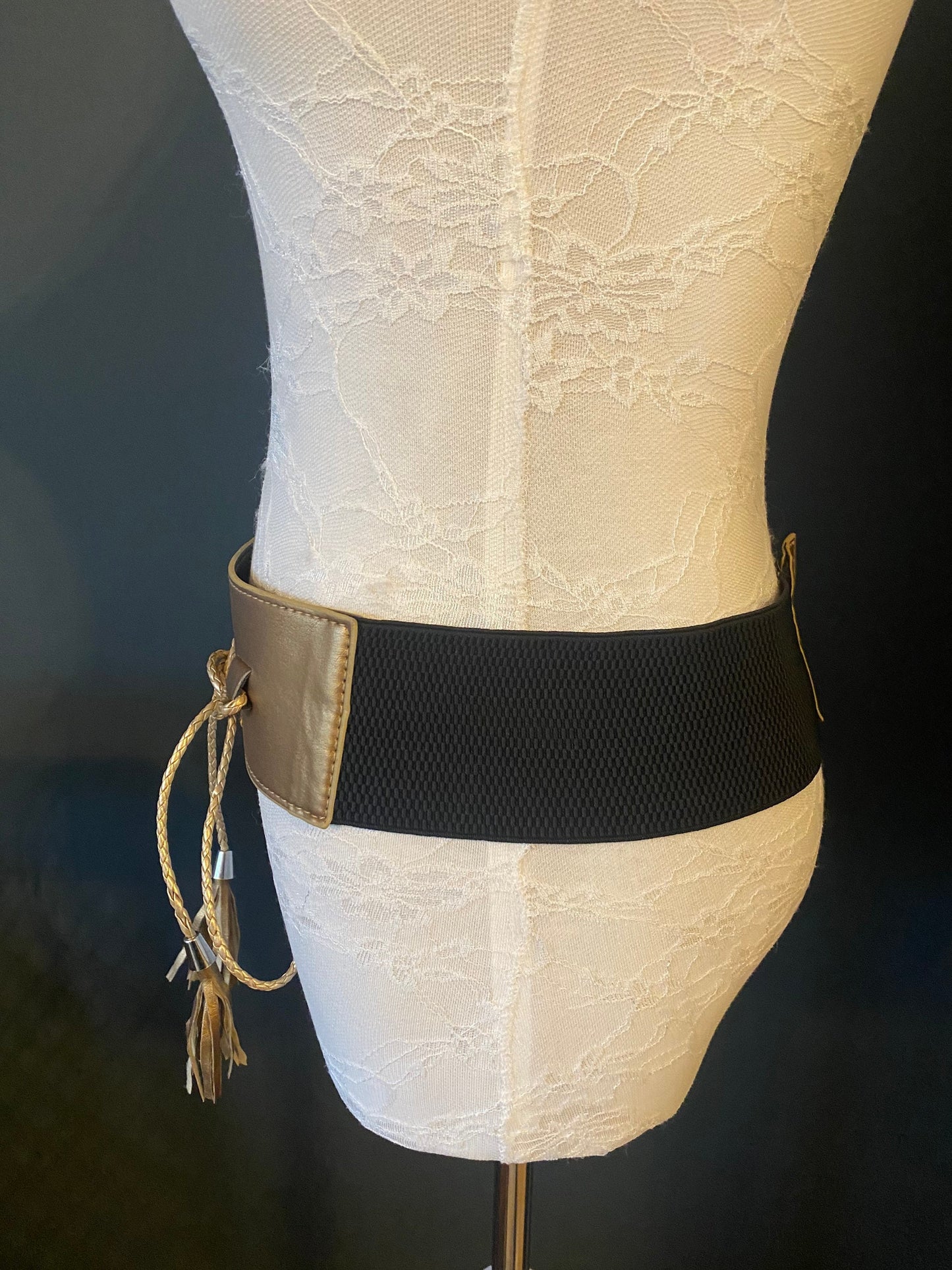 Fashion belt, champange gold faux leather, Elastic Belt, hook eye fastening, tassel detail