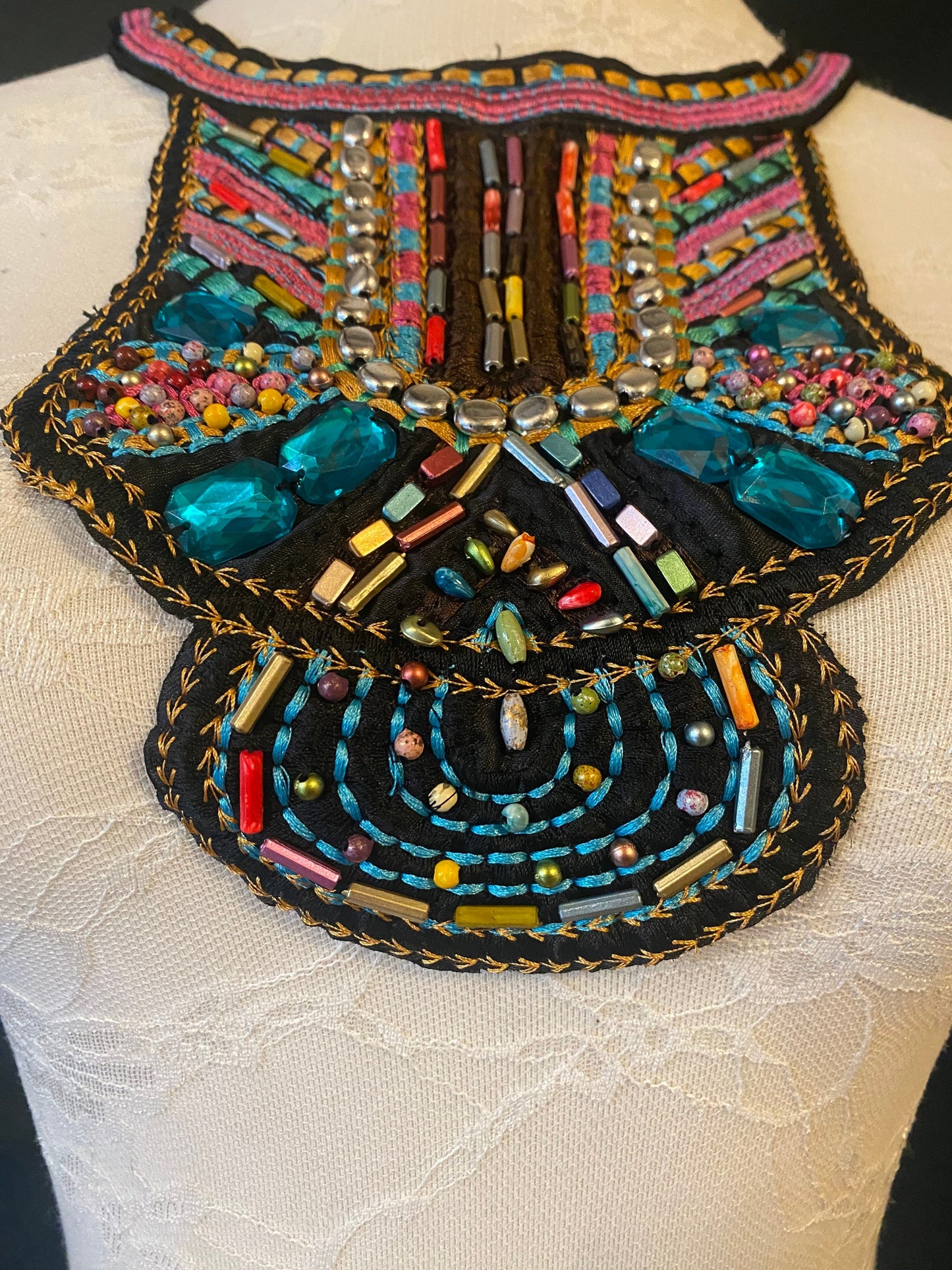 Embroidered Beaded Appliqué Collar, Boho Neck Trim
