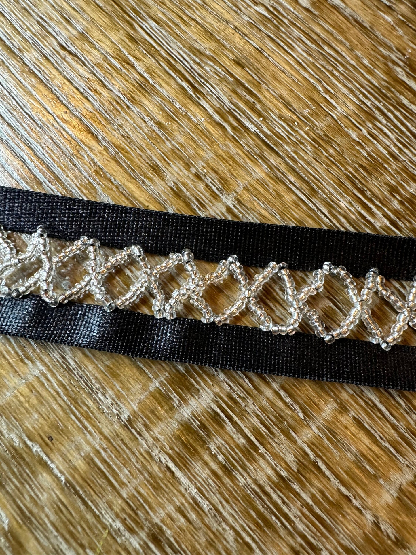 Beaded Elasticated Trim, 1cm Black Elastic, centre bead detail, Sew on