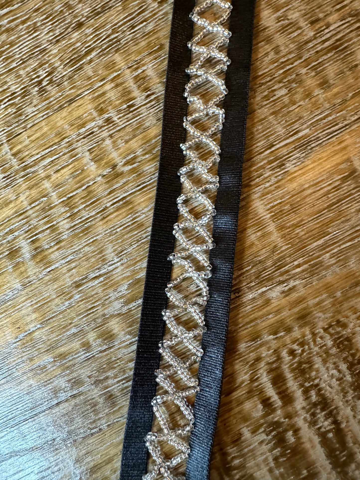 Beaded Elasticated Trim, 1cm Black Elastic, centre bead detail, Sew on
