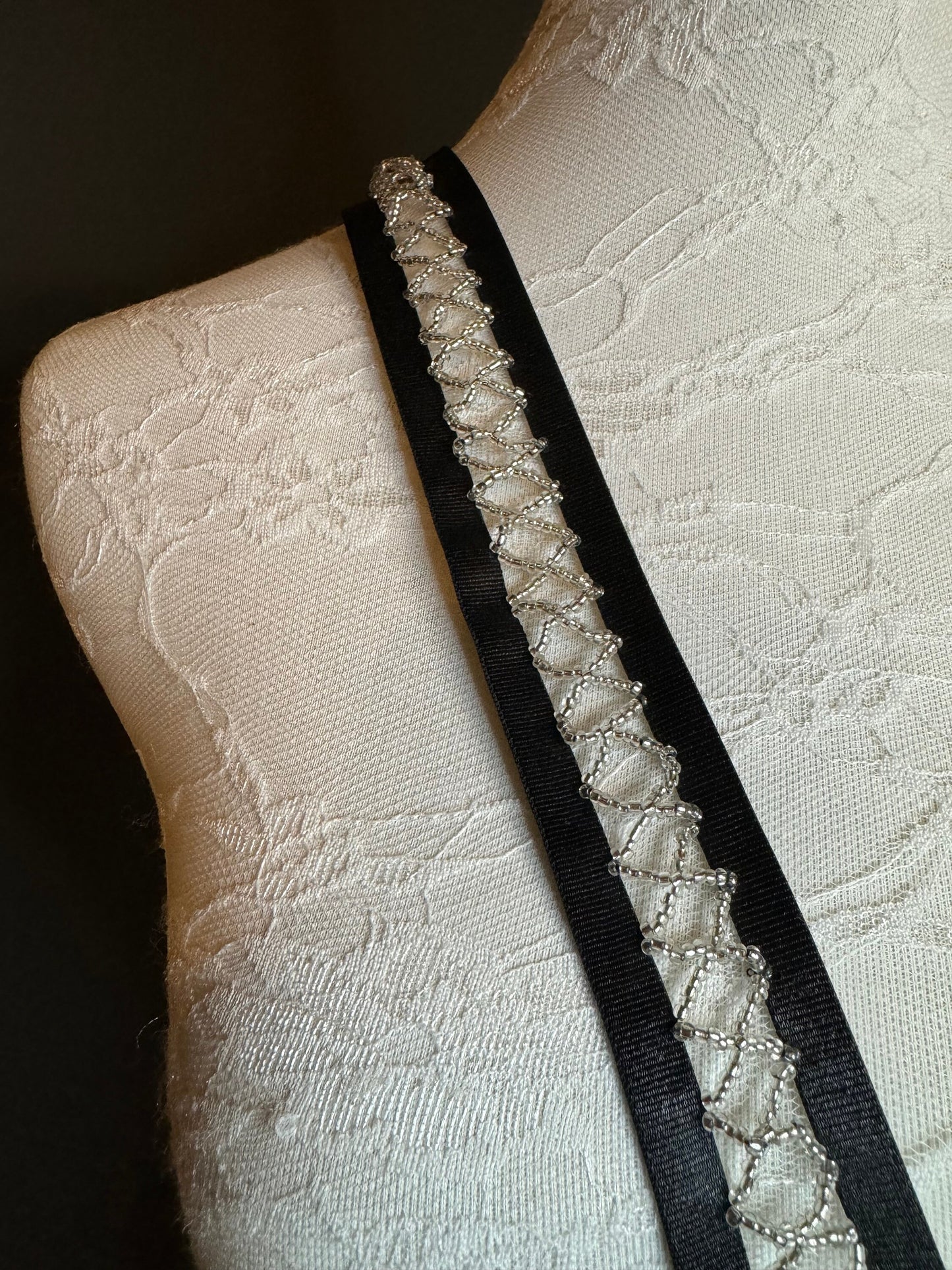 Beaded Elasticated Trim, 1cm Black Elastic, centre bead detail, Sew on