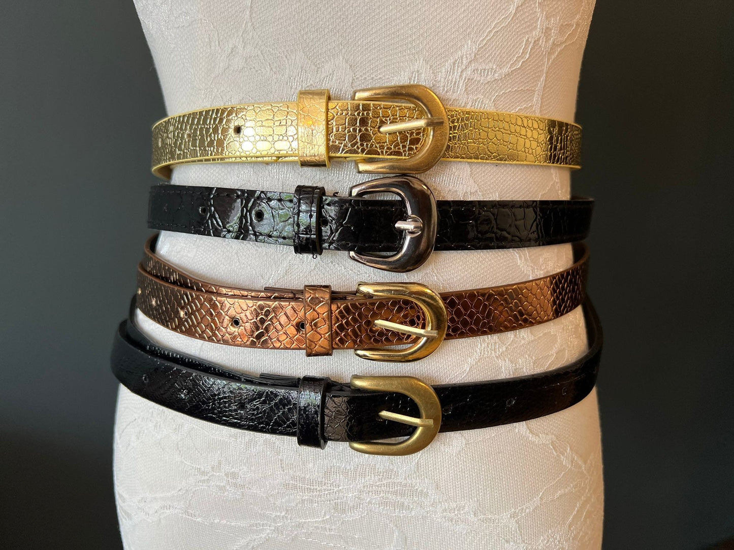 Faux Leather Dress Belt, Narrow 2cm Patent Belts, UK 8-14