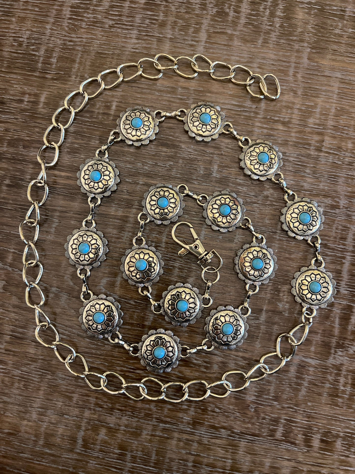 X-long Ring Belt, Metal Disc Belt, Teen Sizes, UK Size 2-40, Fan Design, Fan Collection, Light Gold Finish, Turquoise Metal belt, Fashion