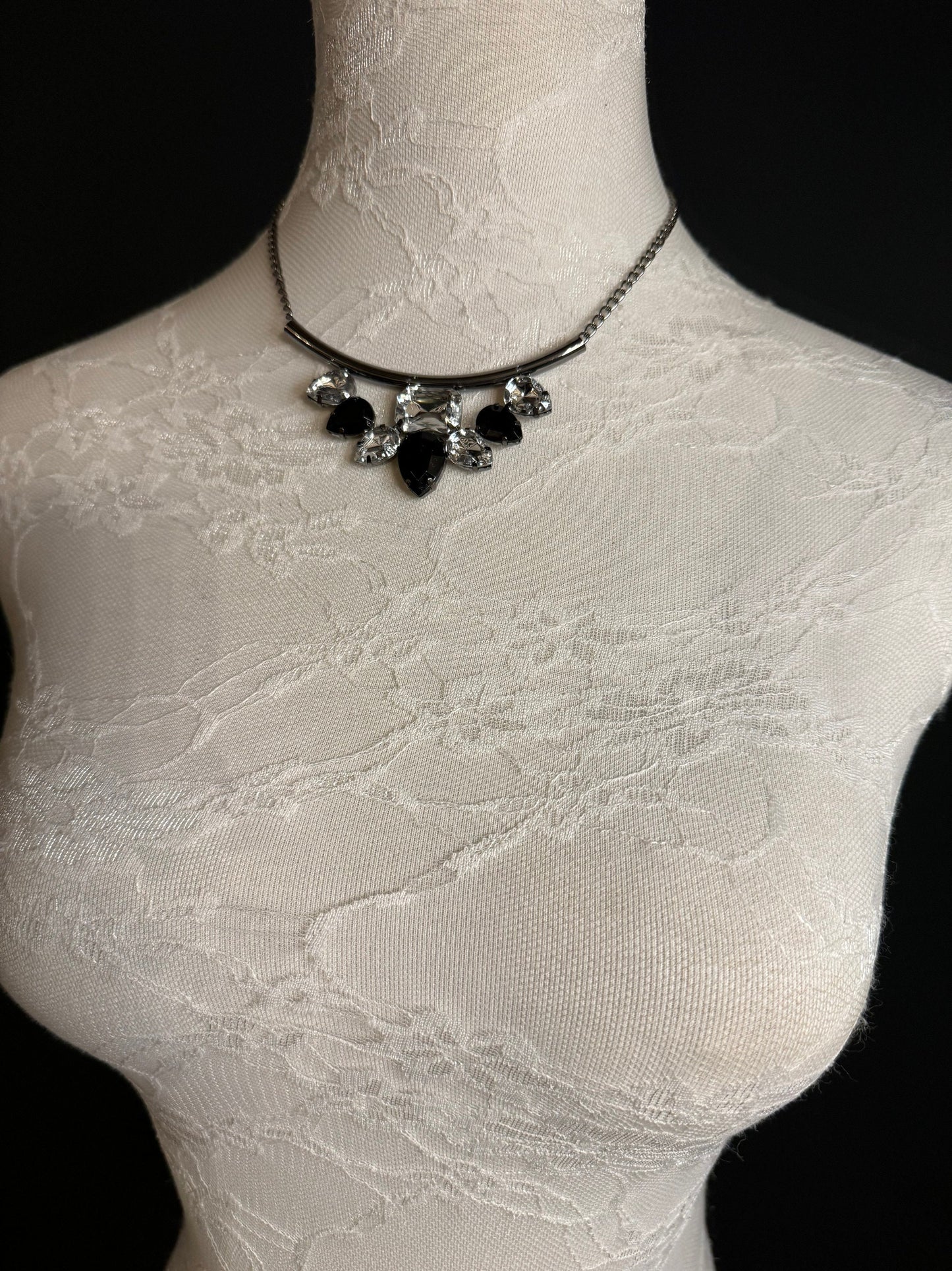Jewel Necklace, Choker Style Necklace, Gunmetal Colour Chain, Black, Silver Jewels, Elegant Necklace