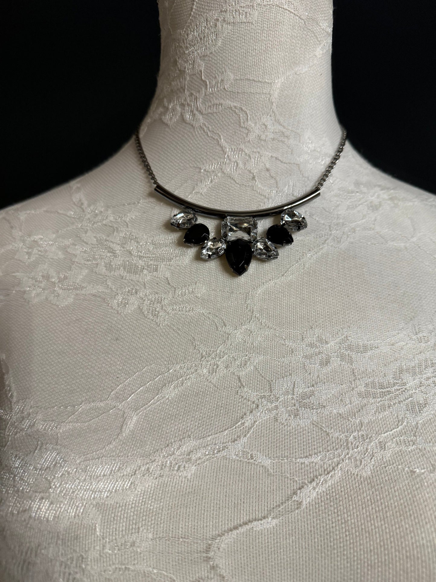 Jewel Necklace, Choker Style Necklace, Gunmetal Colour Chain, Black, Silver Jewels, Elegant Necklace