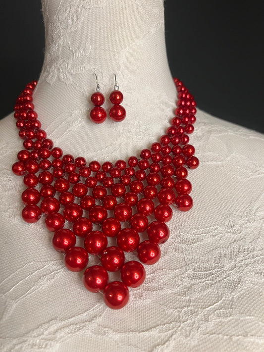 Red Pearl Beaded Necklace and Earrings Set, Handmade Jewelry