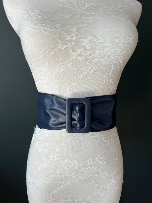 Navy Faux Leather Sash Belt, 3 Inch Wide, Adjustable Fit (UK 6-10)