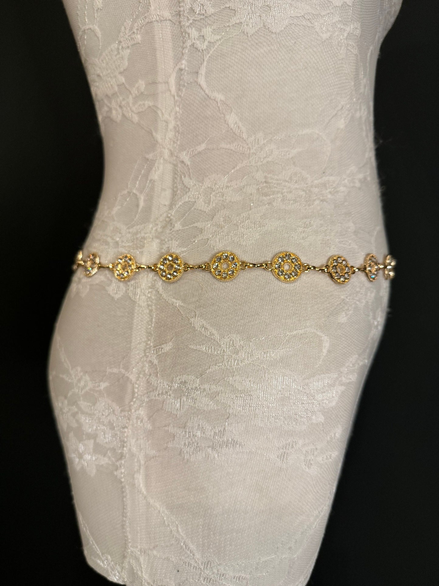 Rhinestone Circle Design Gold Belt – Handmade to Measure 18–60 Inch Waist