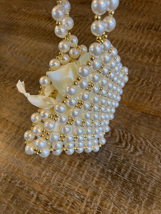Pearl Handbag with Gold Bead detail, Removable satin bag, Ivory Pearl, Bridal Handbag, Elegant, Evening Bag, Gift