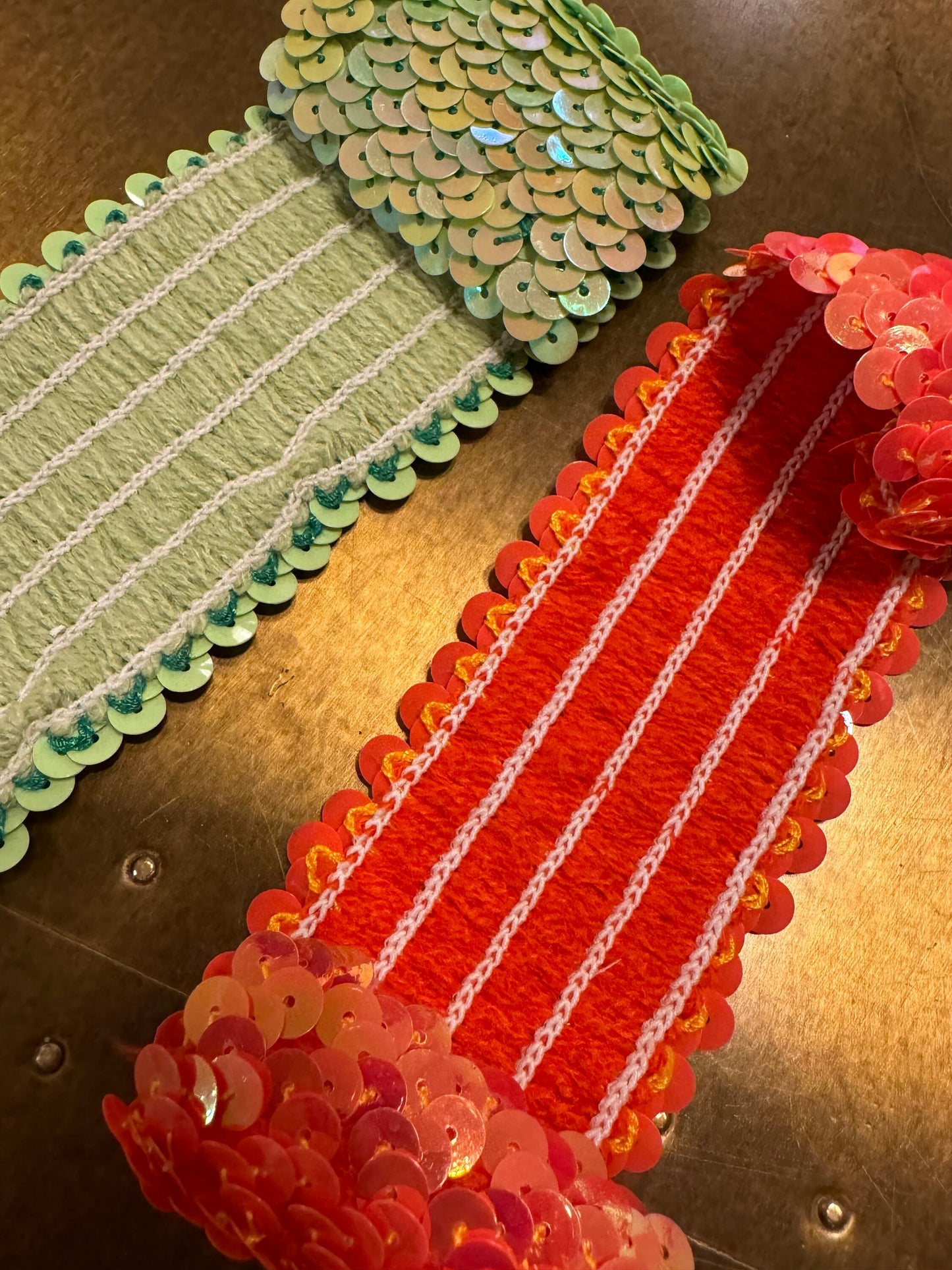2" Wide Sequins Elastic, Coral, Iridescent Green