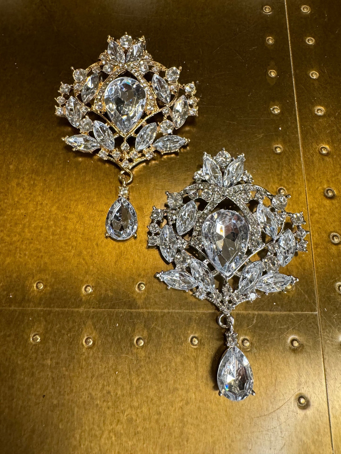 Rhinestone Crystal Bridal Brooch, Gold or Silver, 3.5” Diamanté Jewel
