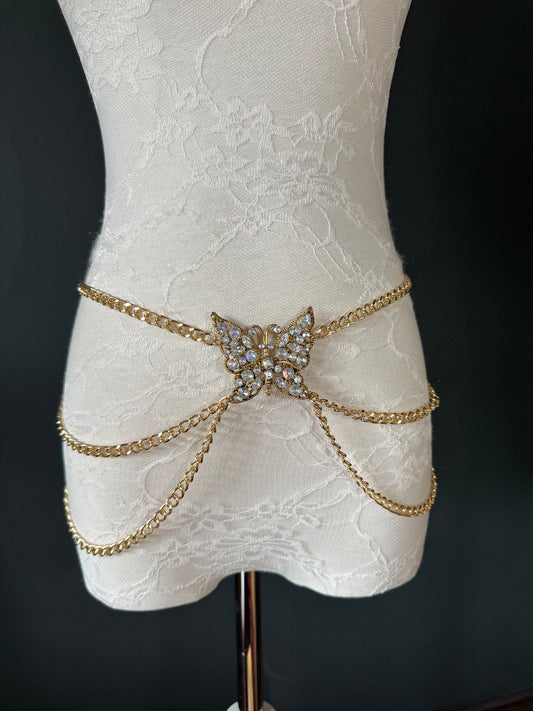 Butterfly Rhinestone Gold Chain Belt, Fashion Body Jewelry