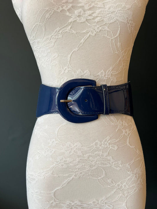 Navy Patent Leather Elastic Belt, Handmade Adjustable UK 8-16