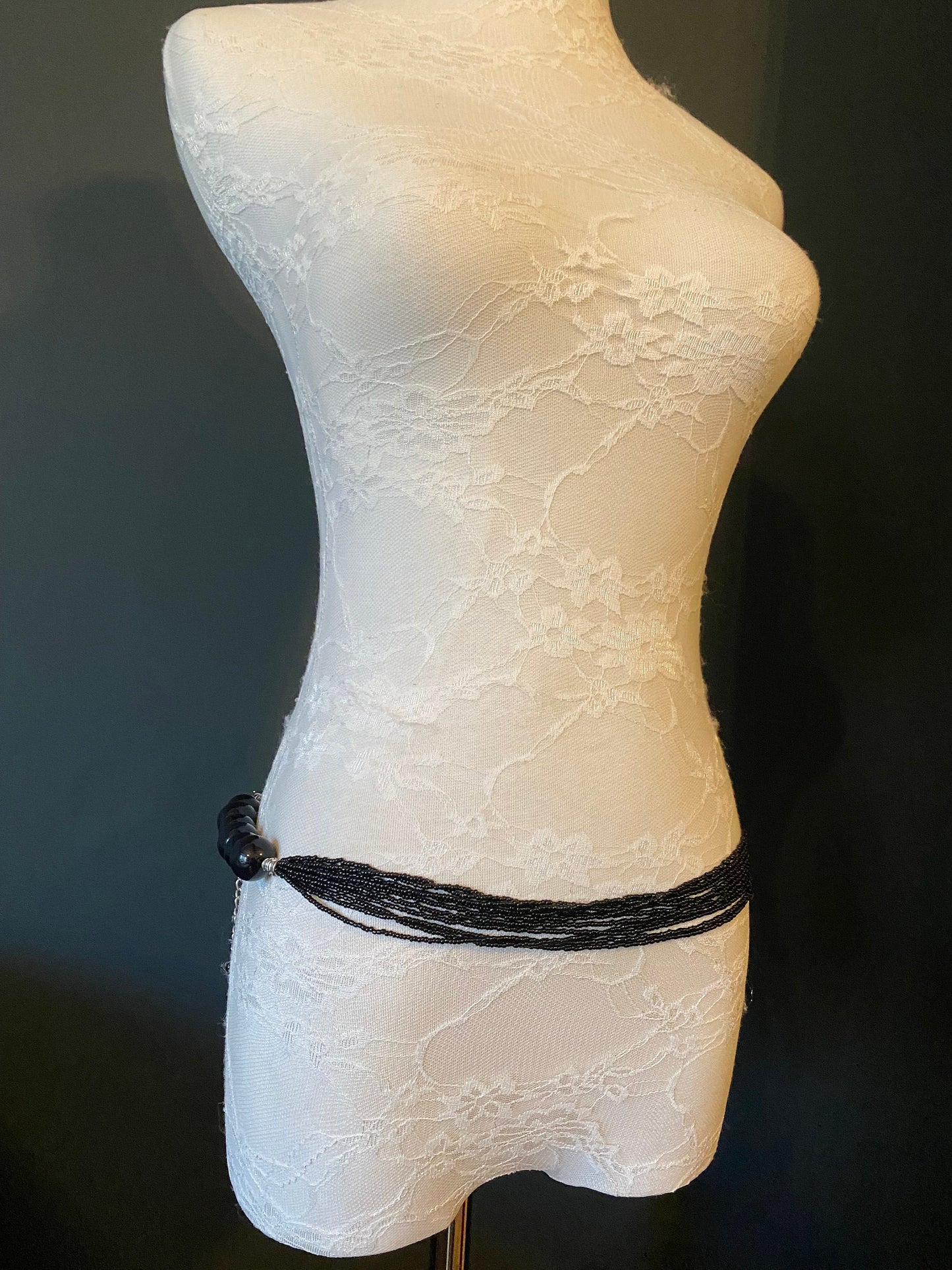 Black Bugle Beaded Belt, Elegant Fashion Accessory