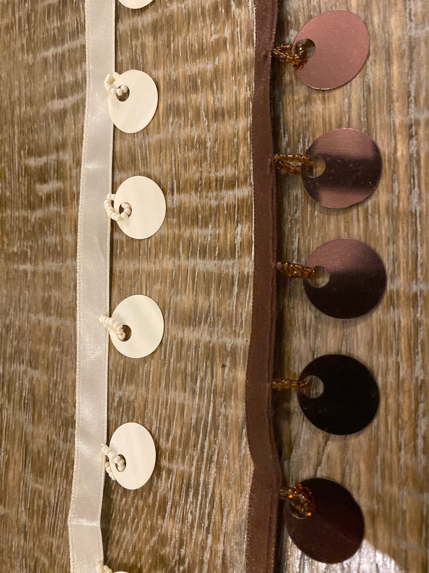 2cm Disc Sequins on Ribbon Tape, Brown & Cream, Sew-In Trim