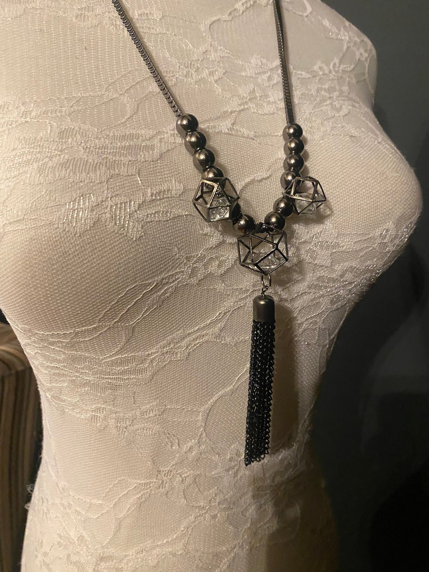 Gunmetal Beaded Tassel Necklace, Elegant Fashion Accessory