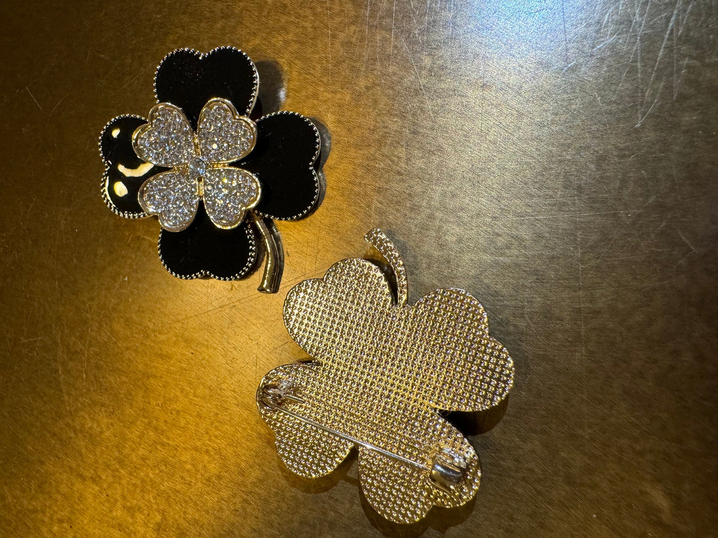 Black & Gold Rhinestone Four-Leaf Clover Brooch