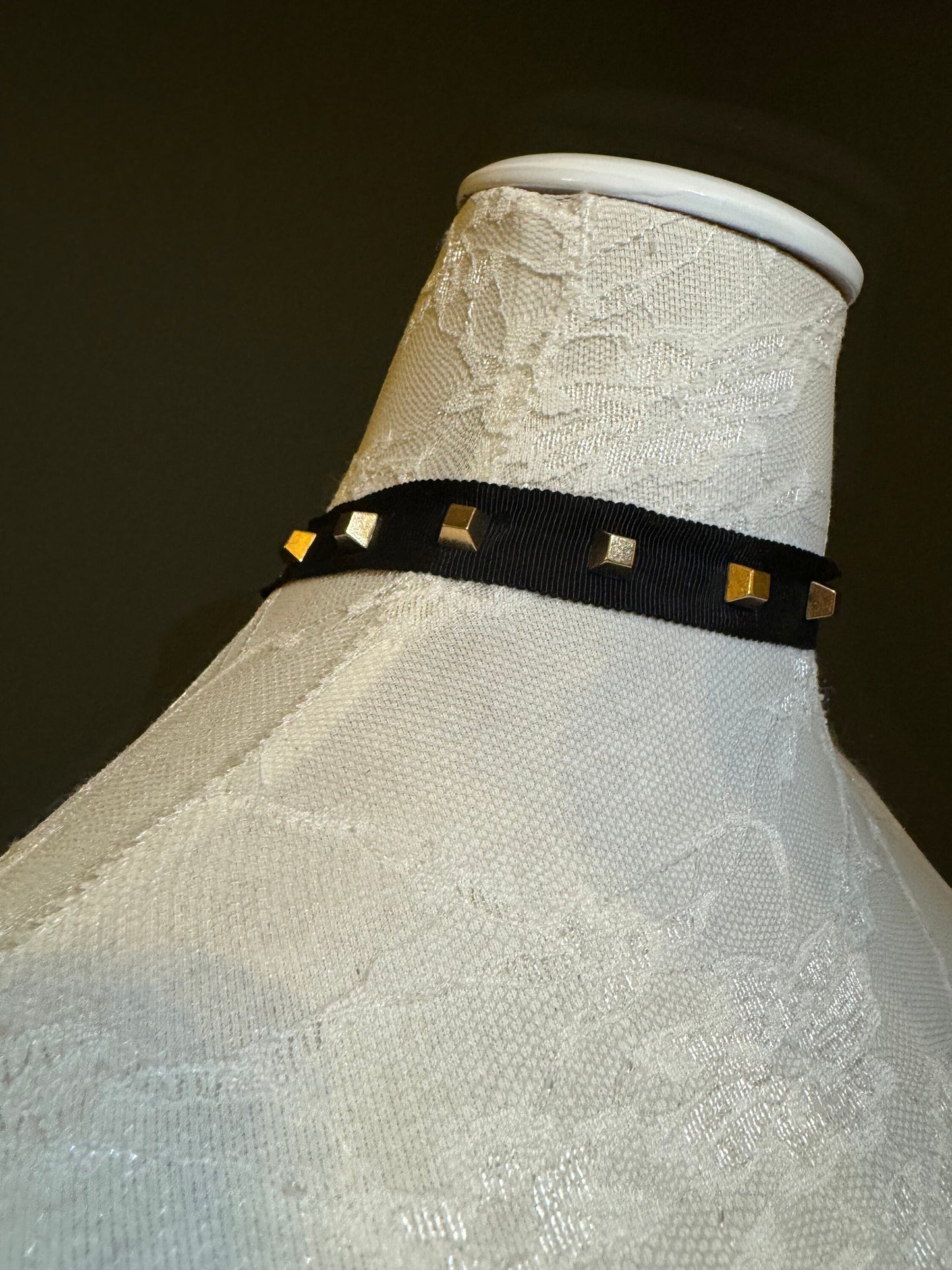 Studded Black Grosgrain Choker, Gold 3D Studs