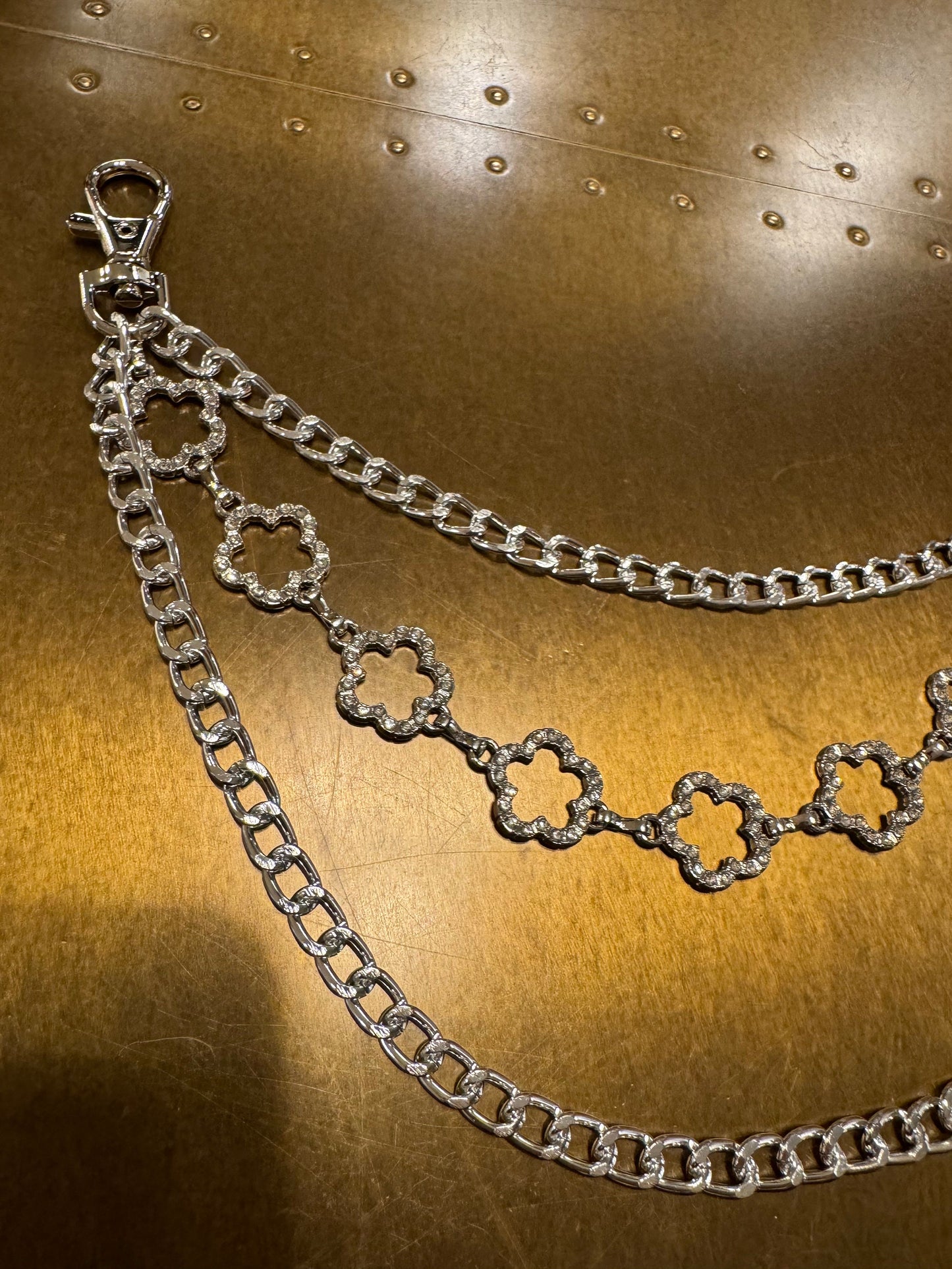 Daisy Rhinestone Layered Jeans Chain, 4 size selection, Silver