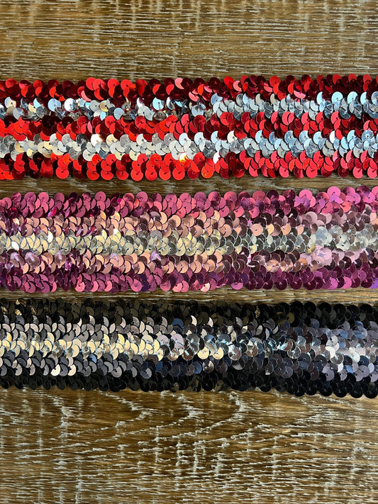 Tricolor Stretch Sequin Trim, Black, Pink, Red, 45mm Wide