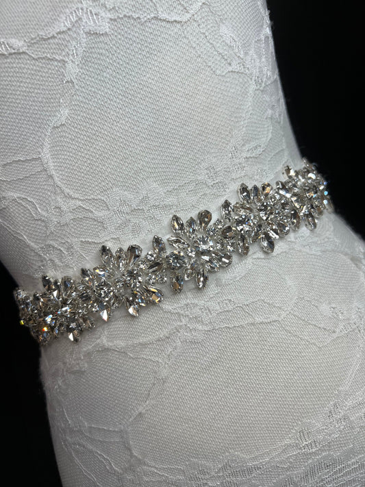 Crystal Rhinestone Bridal Belt, Silver Base, White Ribbon Sash