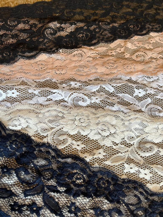 6" Floral Textured Stretch Lace Trim, Double Scalloped Edge