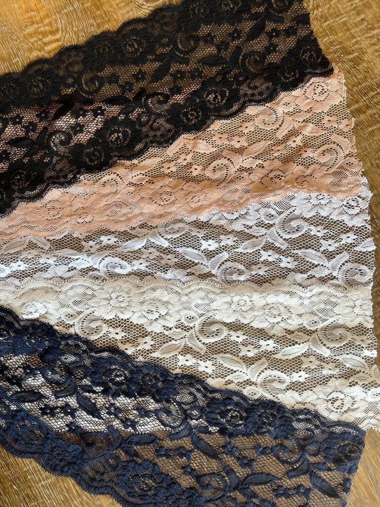 6" Floral Textured Stretch Lace Trim, Double Scalloped Edge