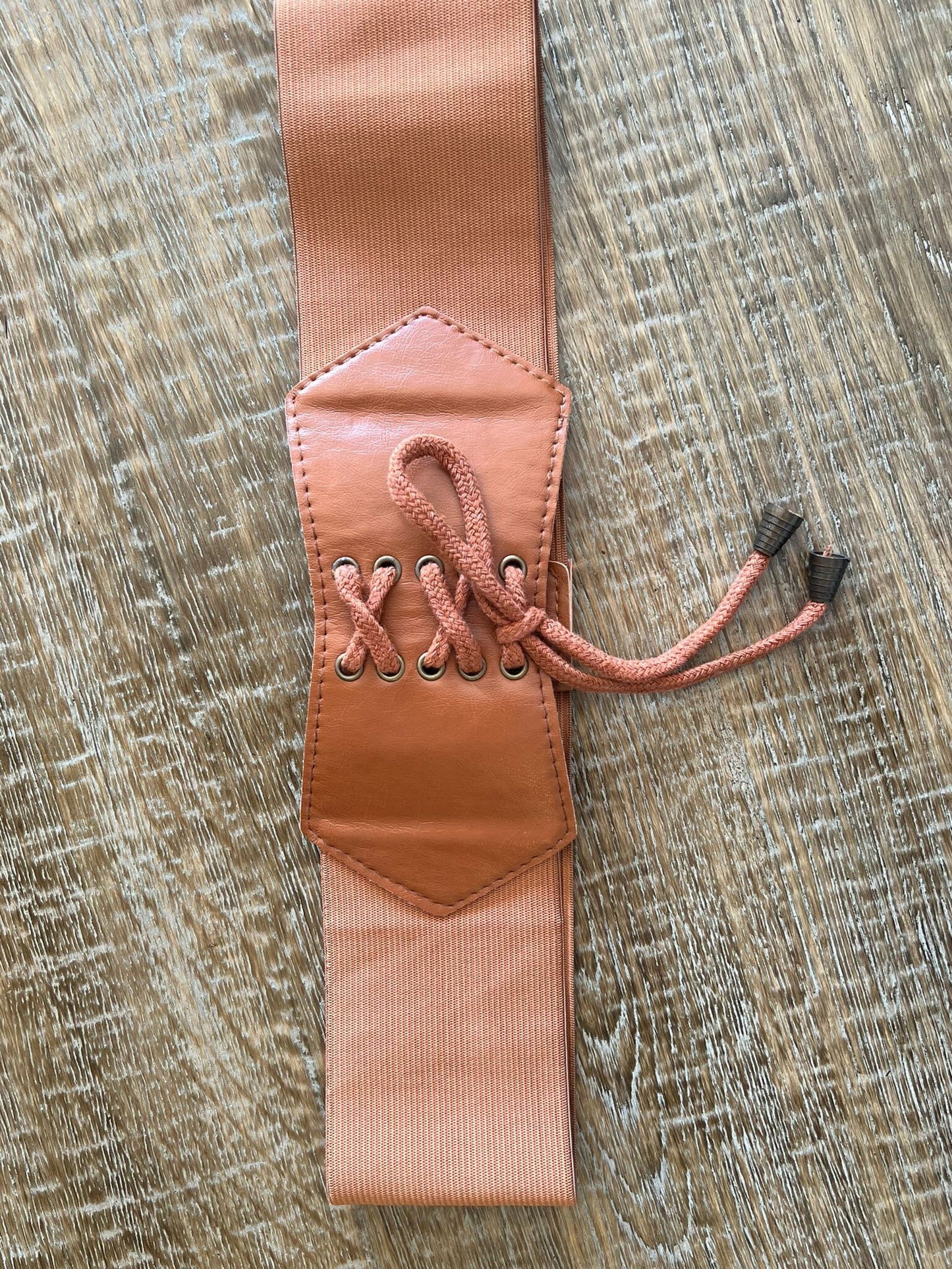 Tan Faux Leather Wide Corset Belt, Elastic Stretch Cord, UK 8-12