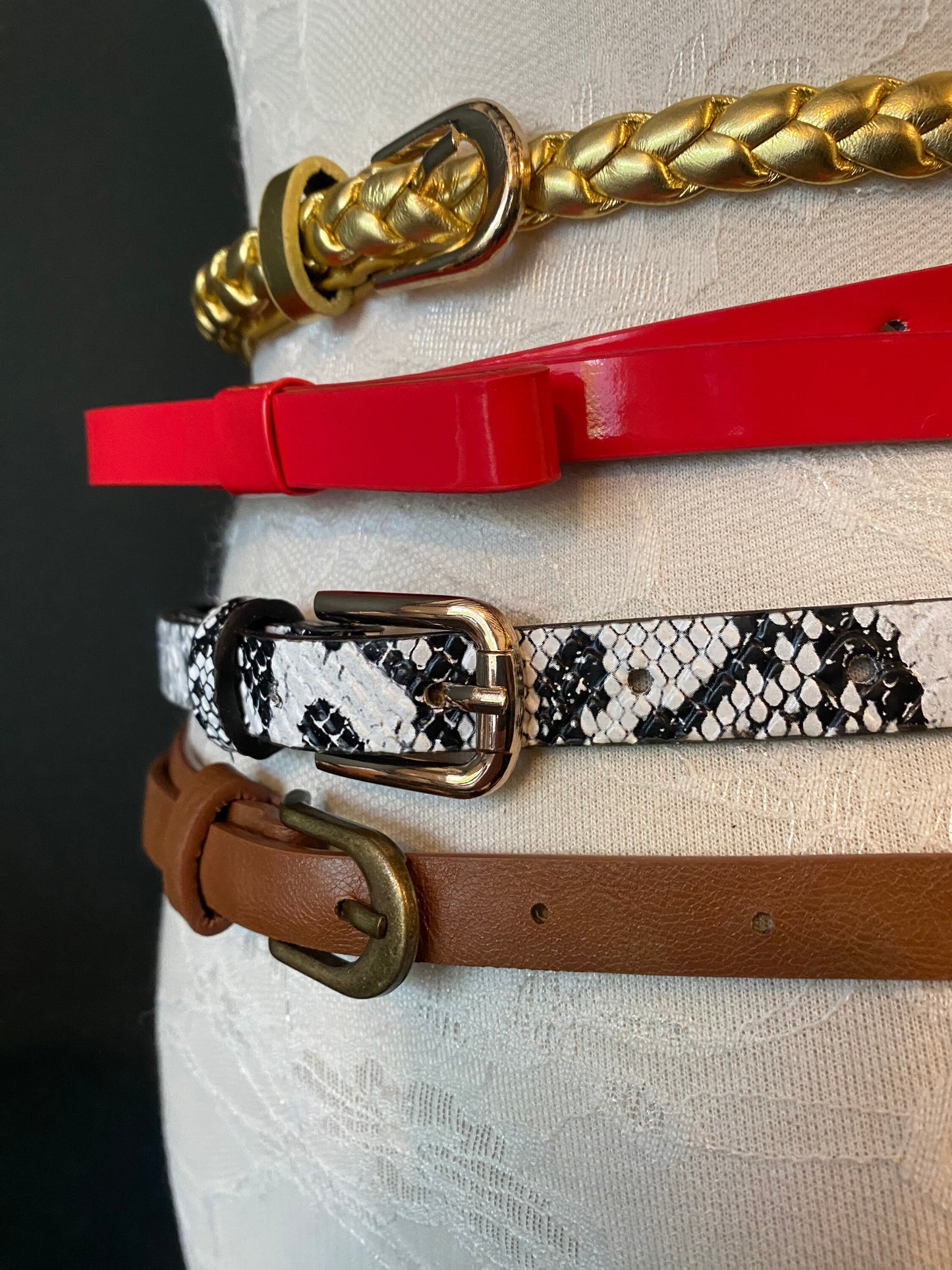 Adjustable Fashion Belt, Gold Plaited, Red Bow, UK Size 6-12
