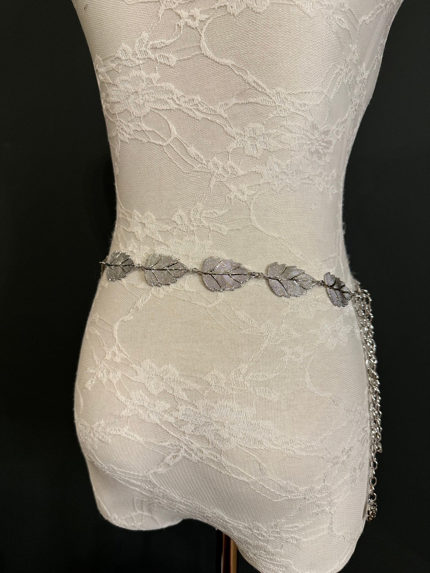 X-Long Leaf Chain Belt, Metal Leaf Design, Swimwear, Dresses, FAN Design, Belt, Dress Belt, Gift, Silver, Gold, Bridal