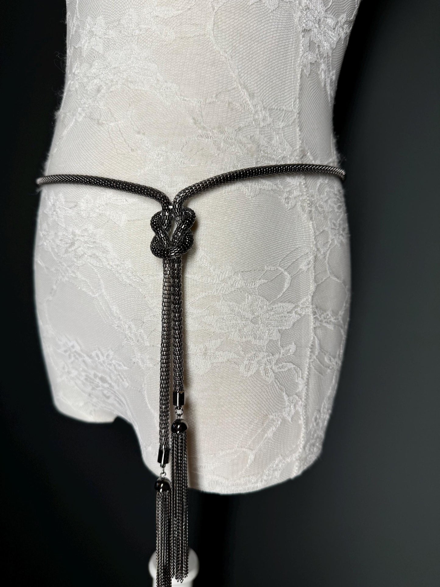 Tassel Chain Belt, Metal Chain Belt, Size 28”-46”, Fan Design, Fan Collection, Gunmetal Metal belt, Fashion Accessory