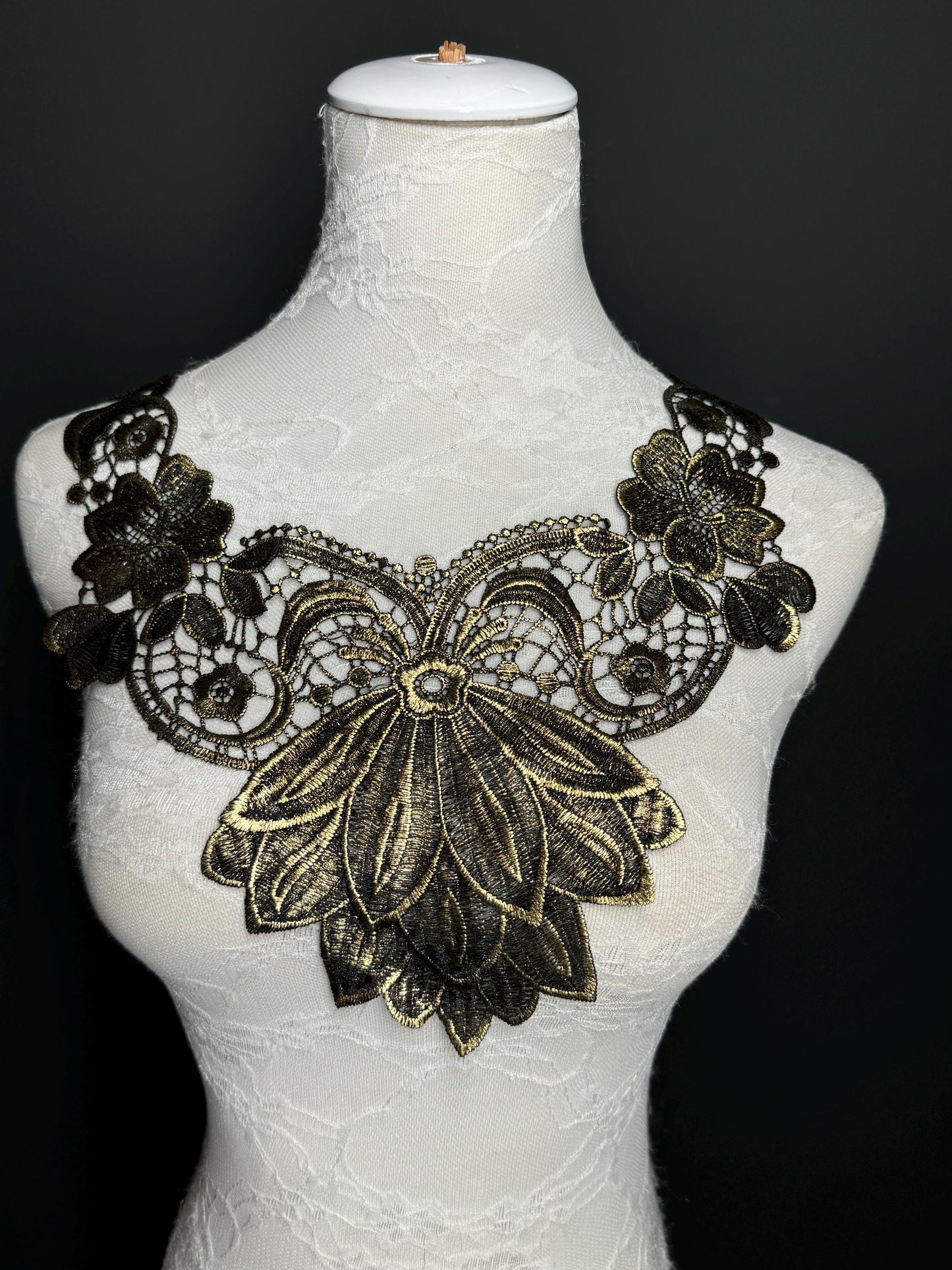 Gold Black Appliqué, Bridal Style, Guipure, Neck trimming, Black Collar, Vintage Style, Sew on, Clothing, Dresses, Art, Crafts, Neck Wear