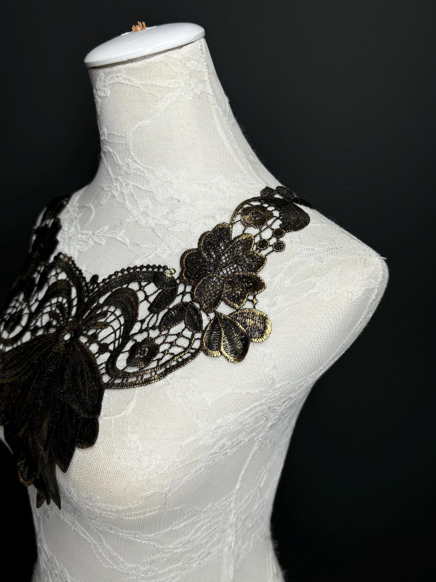Gold Black Appliqué, Bridal Style, Guipure, Neck trimming, Black Collar, Vintage Style, Sew on, Clothing, Dresses, Art, Crafts, Neck Wear