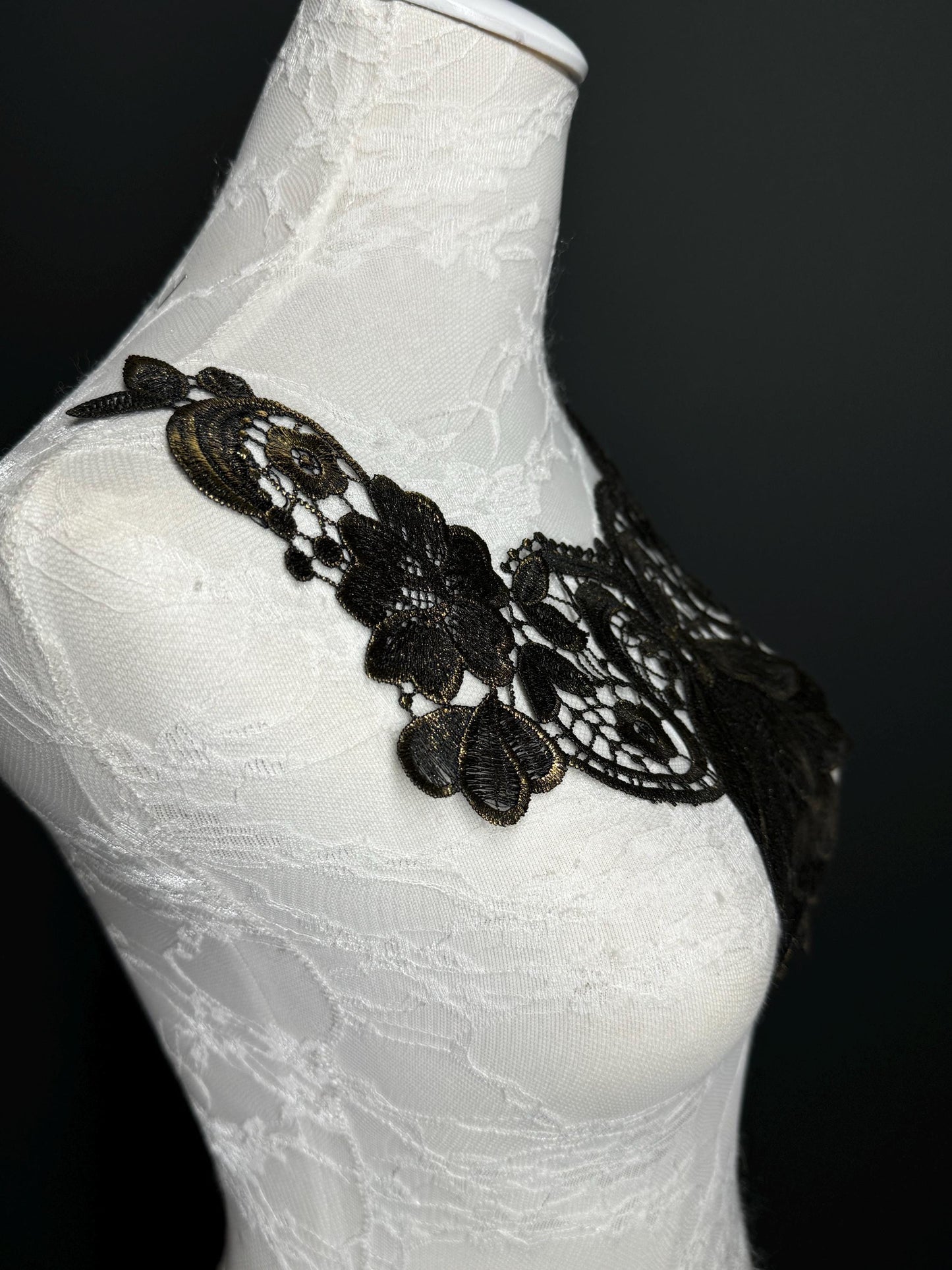 Gold Black Appliqué, Bridal Style, Guipure, Neck trimming, Black Collar, Vintage Style, Sew on, Clothing, Dresses, Art, Crafts, Neck Wear