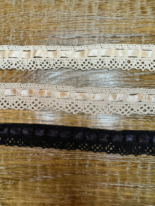 1” Wide Vintage Style Ribbon Slot Cotton Lace Trim, Black, Cream, Stone, Ecru, White, Mint, Coral Cotton Lace, 22” Wide