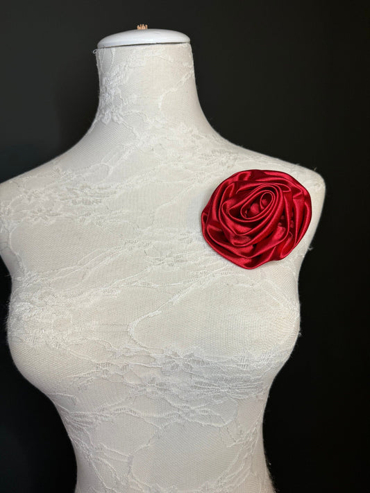 Red Satin Flower Corsage, Bridal Pin, Fashion Accessory (5” Wide)