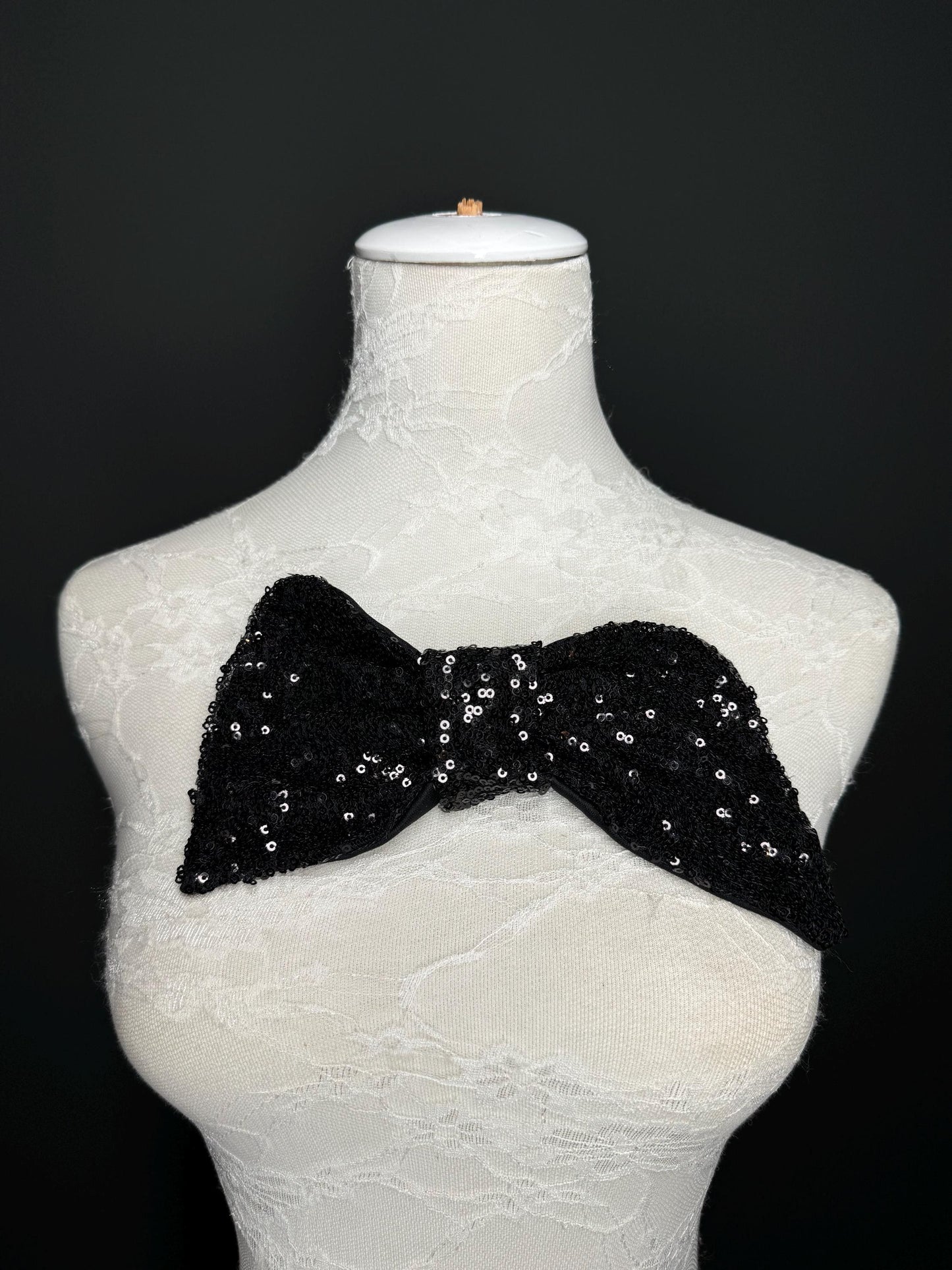 Large Sequins Bow, 8” x 5”, Sequin Fabric Pin on Bow, Clothing, Dress, Hat, FAN Design, Handmade in UK, Black, Bow Corsage